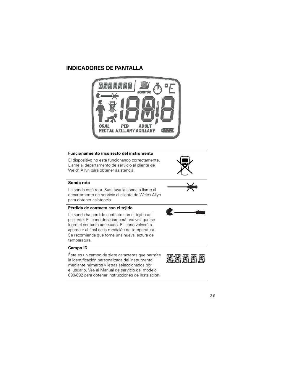 Indicadores de pantalla, Indicadores de pantalla -9 | Welch Allyn SureTemp Plus - User Manual User Manual | Page 69 / 294