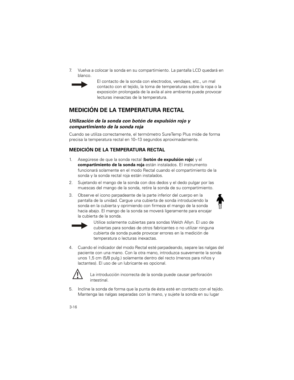 Medición de la temperatura rectal, Medición de la temperatura rectal -16 | Welch Allyn SureTemp Plus - User Manual User Manual | Page 76 / 294