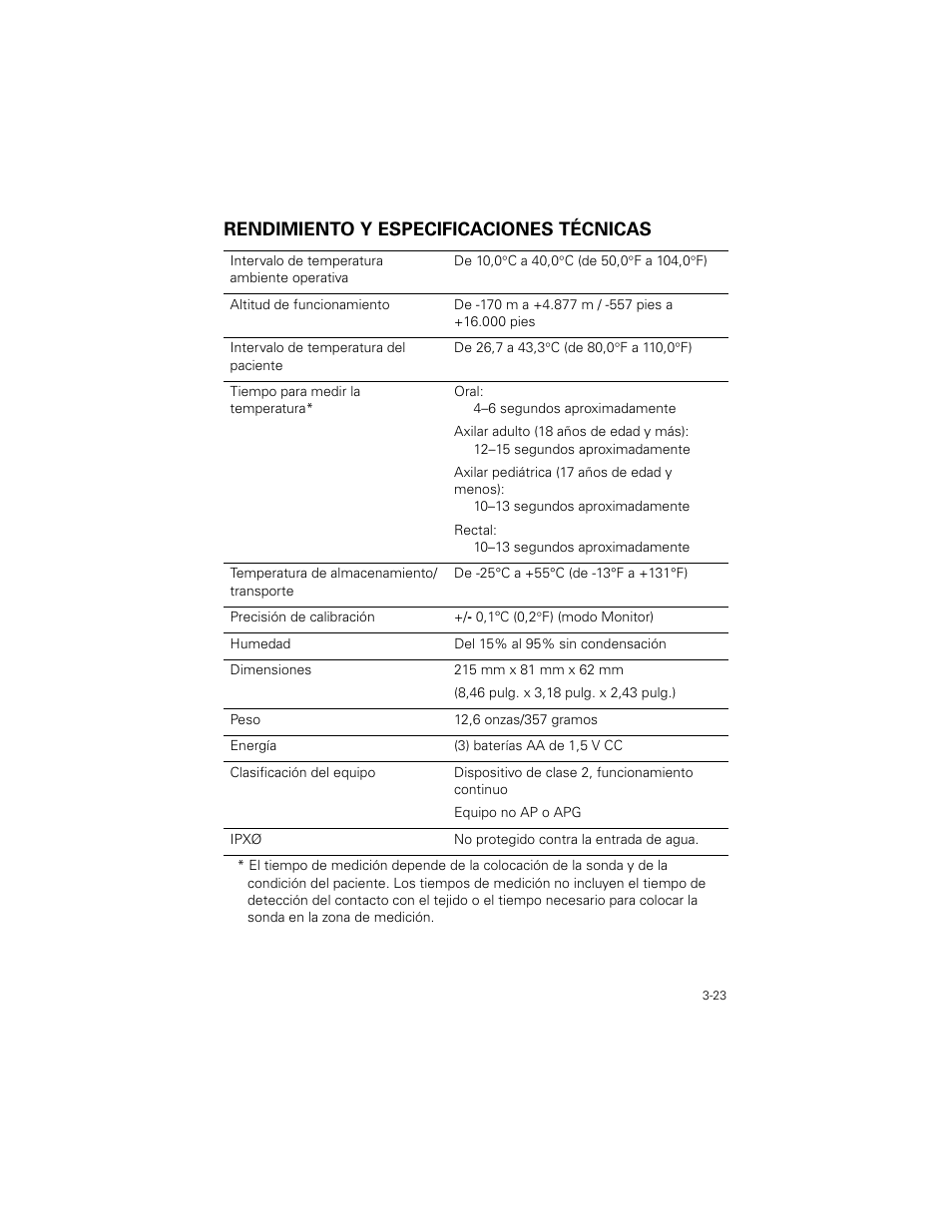 Rendimiento y especificaciones técnicas, Rendimiento y especificaciones técnicas -23 | Welch Allyn SureTemp Plus - User Manual User Manual | Page 83 / 294