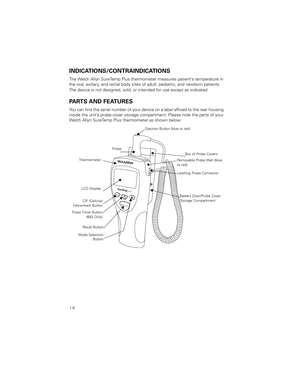 Indications/contraindications, Parts and features, Indications/contraindications -6 | Parts and features -6 | Welch Allyn SureTemp Plus - User Manual User Manual | Page 9 / 294
