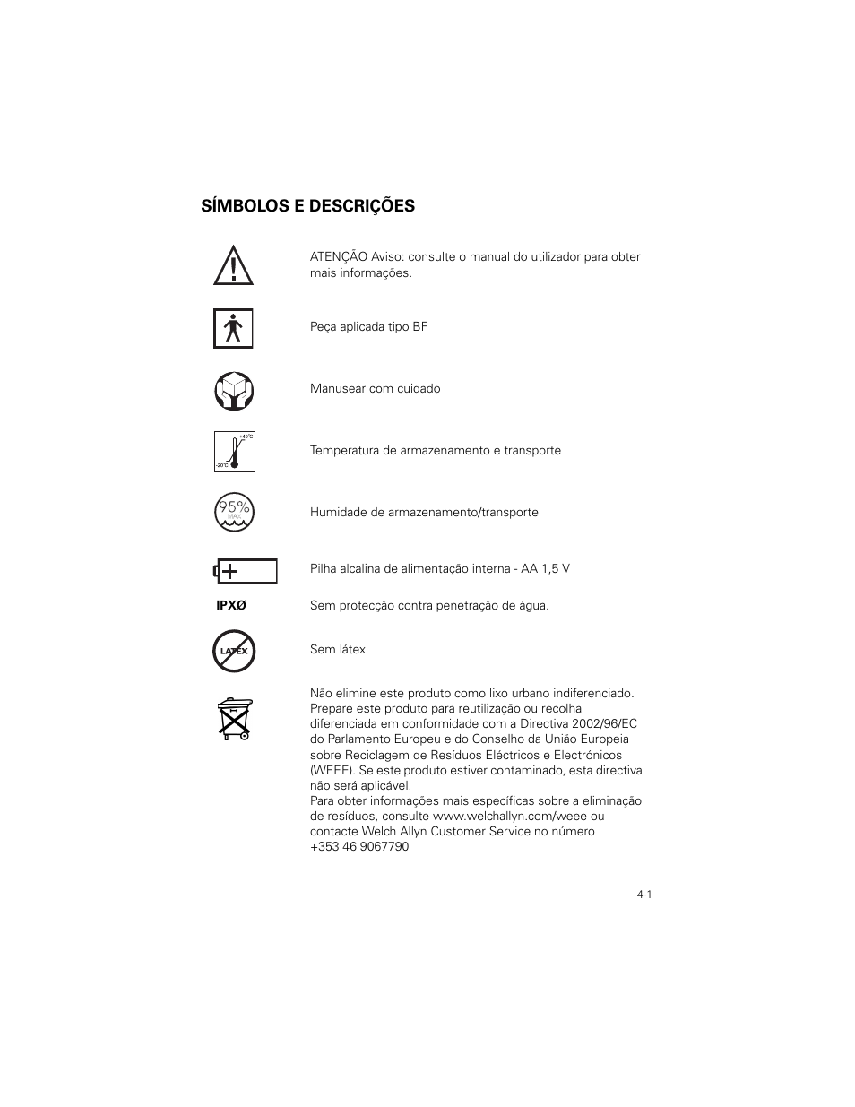 Símbolos e descrições, Símbolos e descrições -1 | Welch Allyn SureTemp Plus - User Manual User Manual | Page 93 / 294