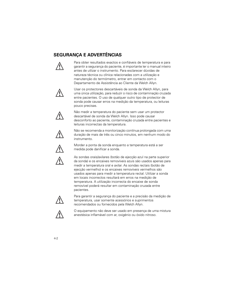Segurança e advertências, Segurança e advertências -2 | Welch Allyn SureTemp Plus - User Manual User Manual | Page 94 / 294