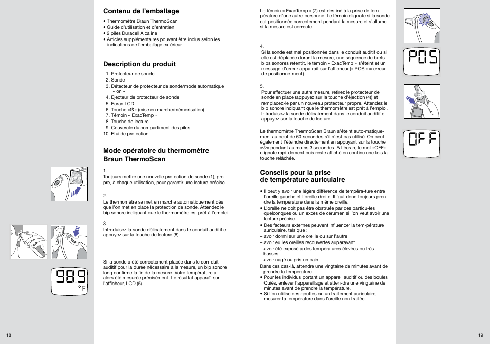 Contenu de l’emballage, Description du produit, Mode opératoire du thermomètre braun thermoscan | Conseils pour la prise de température auriculaire | Welch Allyn PRO 4000 Ear Temperatures with the Braun ThermoScan - User Manual User Manual | Page 10 / 21