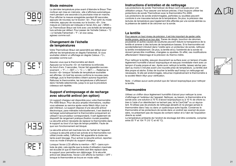 Mode mémoire, Changement de l’échelle de températures, Instructions d’entretien et de nettoyage | La lentille, Thermomètre | Welch Allyn PRO 4000 Ear Temperatures with the Braun ThermoScan - User Manual User Manual | Page 11 / 21