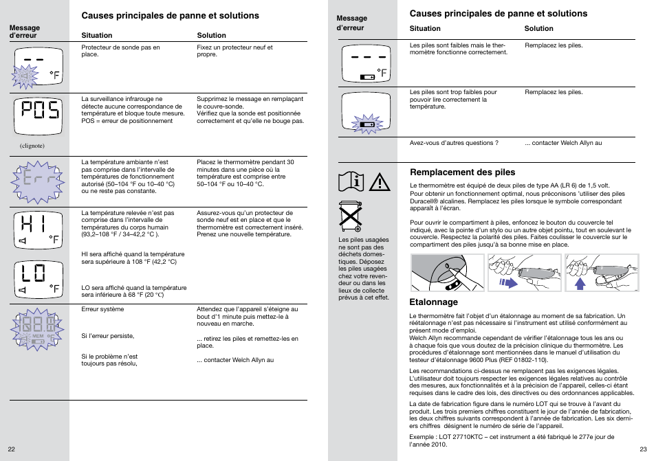 Causes principales de panne et solutions, Remplacement des piles, Etalonnage | Welch Allyn PRO 4000 Ear Temperatures with the Braun ThermoScan - User Manual User Manual | Page 12 / 21