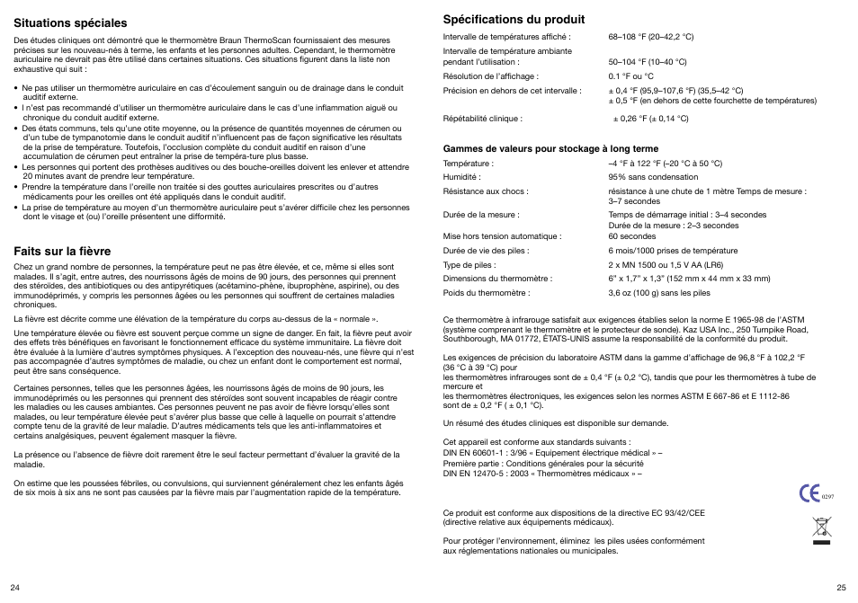 Situations spéciales, Faits sur la fièvre, Spécifications du produit | Welch Allyn PRO 4000 Ear Temperatures with the Braun ThermoScan - User Manual User Manual | Page 13 / 21