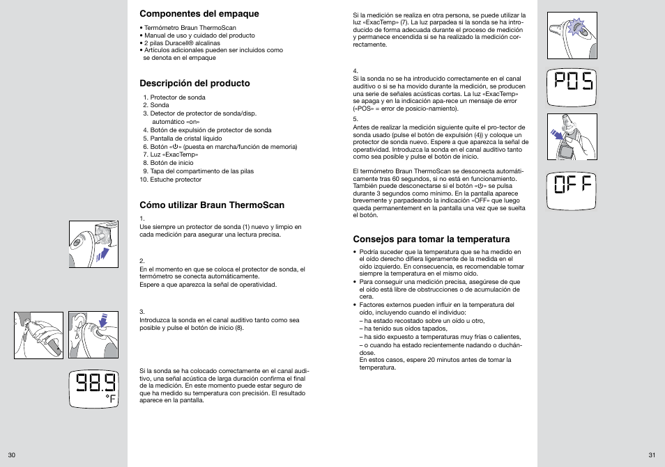 Componentes del empaque, Descripción del producto, Cómo utilizar braun thermoscan | Consejos para tomar la temperatura | Welch Allyn PRO 4000 Ear Temperatures with the Braun ThermoScan - User Manual User Manual | Page 16 / 21
