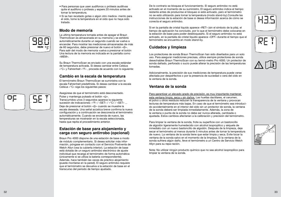 Cambio en la escala de temperatura, Cuidados y limpieza, Ventana de la sonda | Welch Allyn PRO 4000 Ear Temperatures with the Braun ThermoScan - User Manual User Manual | Page 17 / 21