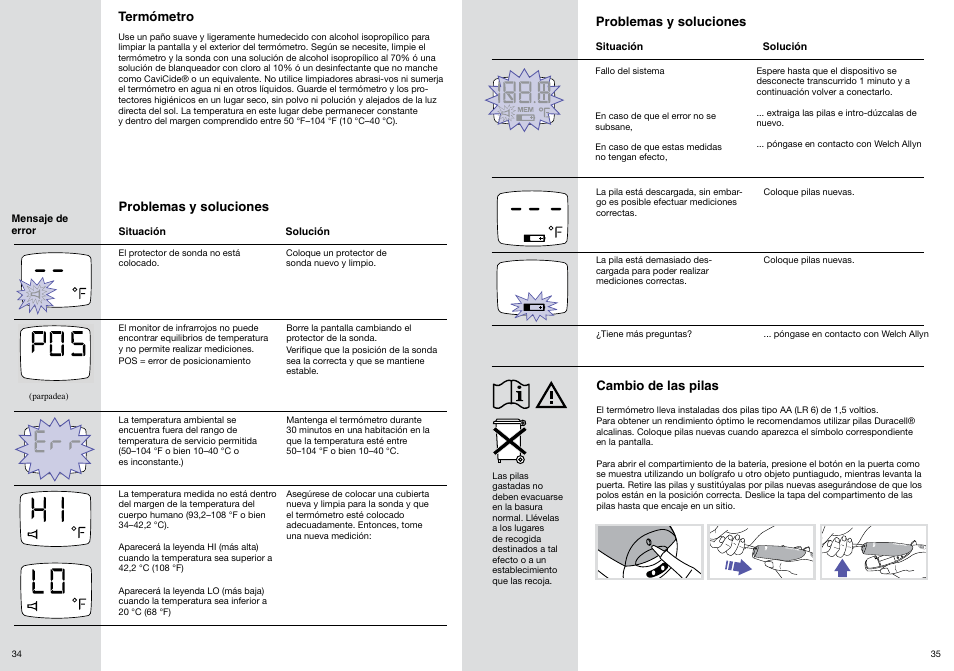 Problemas y soluciones, Termómetro, Cambio de las pilas | Welch Allyn PRO 4000 Ear Temperatures with the Braun ThermoScan - User Manual User Manual | Page 18 / 21