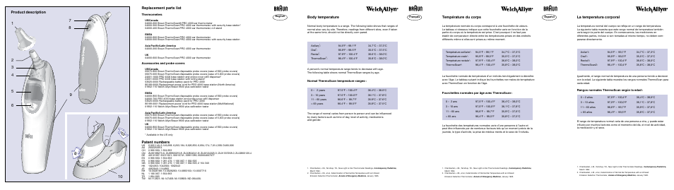 Replacement parts list, Patent numbers, Product description | Body temperature, Température du corps, La temperatura corporal | Welch Allyn PRO 4000 Ear Temperatures with the Braun ThermoScan - User Manual User Manual | Page 2 / 21