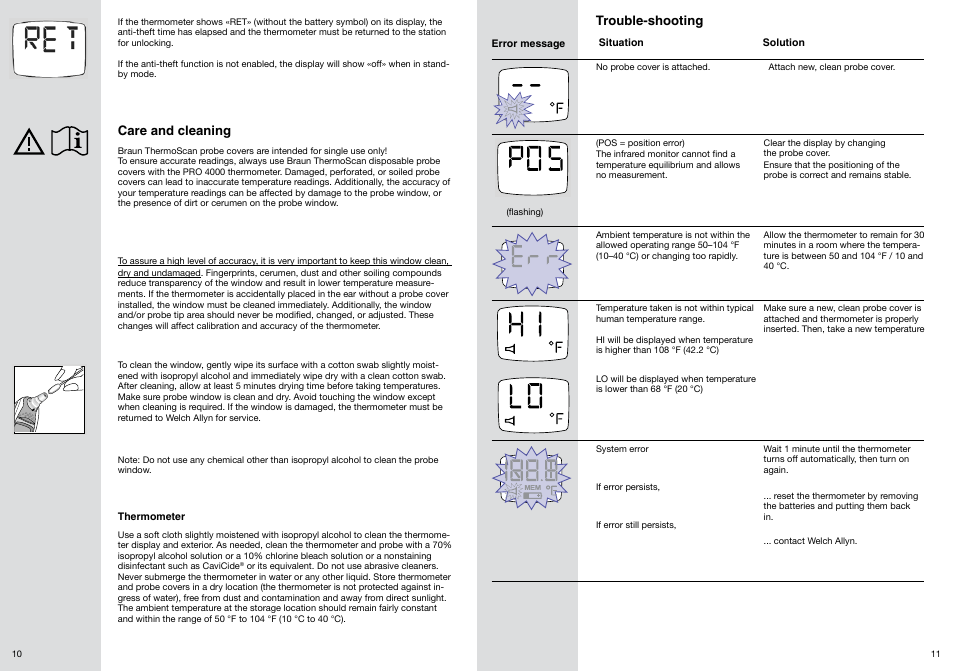 Care and cleaning, Trouble-shooting | Welch Allyn PRO 4000 Ear Temperatures with the Braun ThermoScan - User Manual User Manual | Page 6 / 21