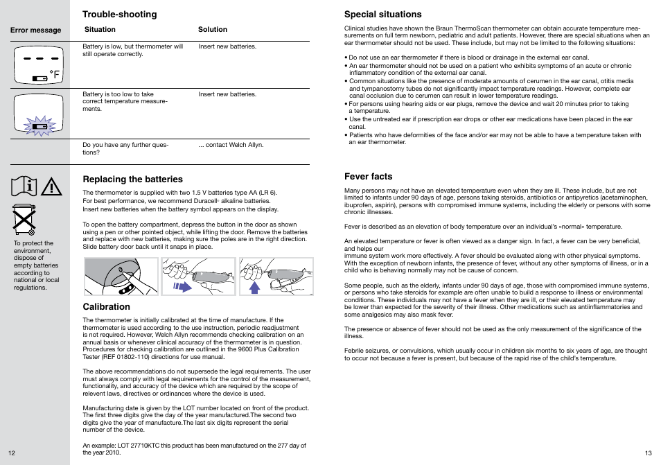Trouble-shooting, Replacing the batteries, Calibration | Special situations, Fever facts | Welch Allyn PRO 4000 Ear Temperatures with the Braun ThermoScan - User Manual User Manual | Page 7 / 21