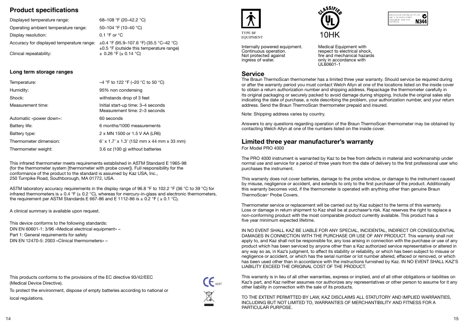 10hk, Product specifications, Service | Limited three year manufacturer’s warranty | Welch Allyn PRO 4000 Ear Temperatures with the Braun ThermoScan - User Manual User Manual | Page 8 / 21
