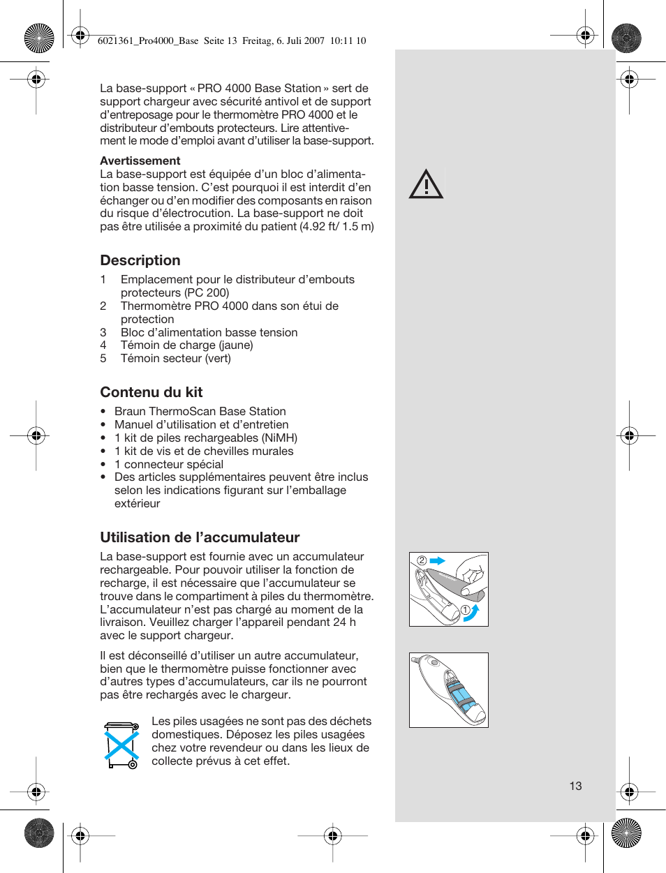 Description, Contenu du kit, Utilisation de l’accumulateur | Welch Allyn PRO 4000 Base Station - User Manual User Manual | Page 13 / 26