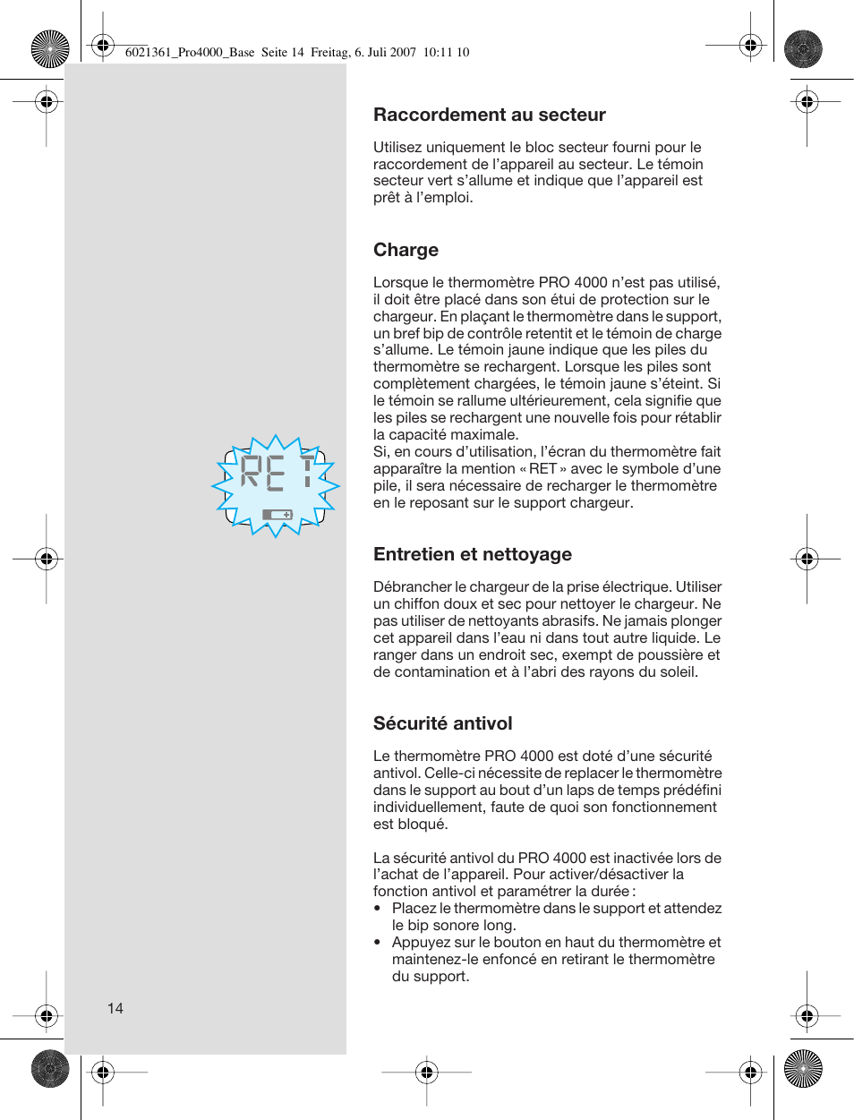 Raccordement au secteur, Charge, Entretien et nettoyage | Sécurité antivol | Welch Allyn PRO 4000 Base Station - User Manual User Manual | Page 14 / 26