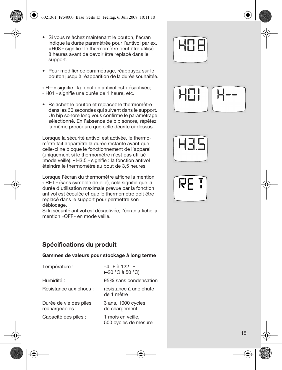 Spécifications du produit | Welch Allyn PRO 4000 Base Station - User Manual User Manual | Page 15 / 26