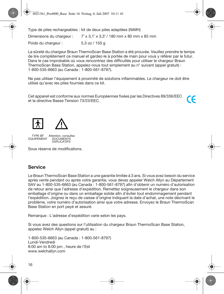 Service | Welch Allyn PRO 4000 Base Station - User Manual User Manual | Page 16 / 26