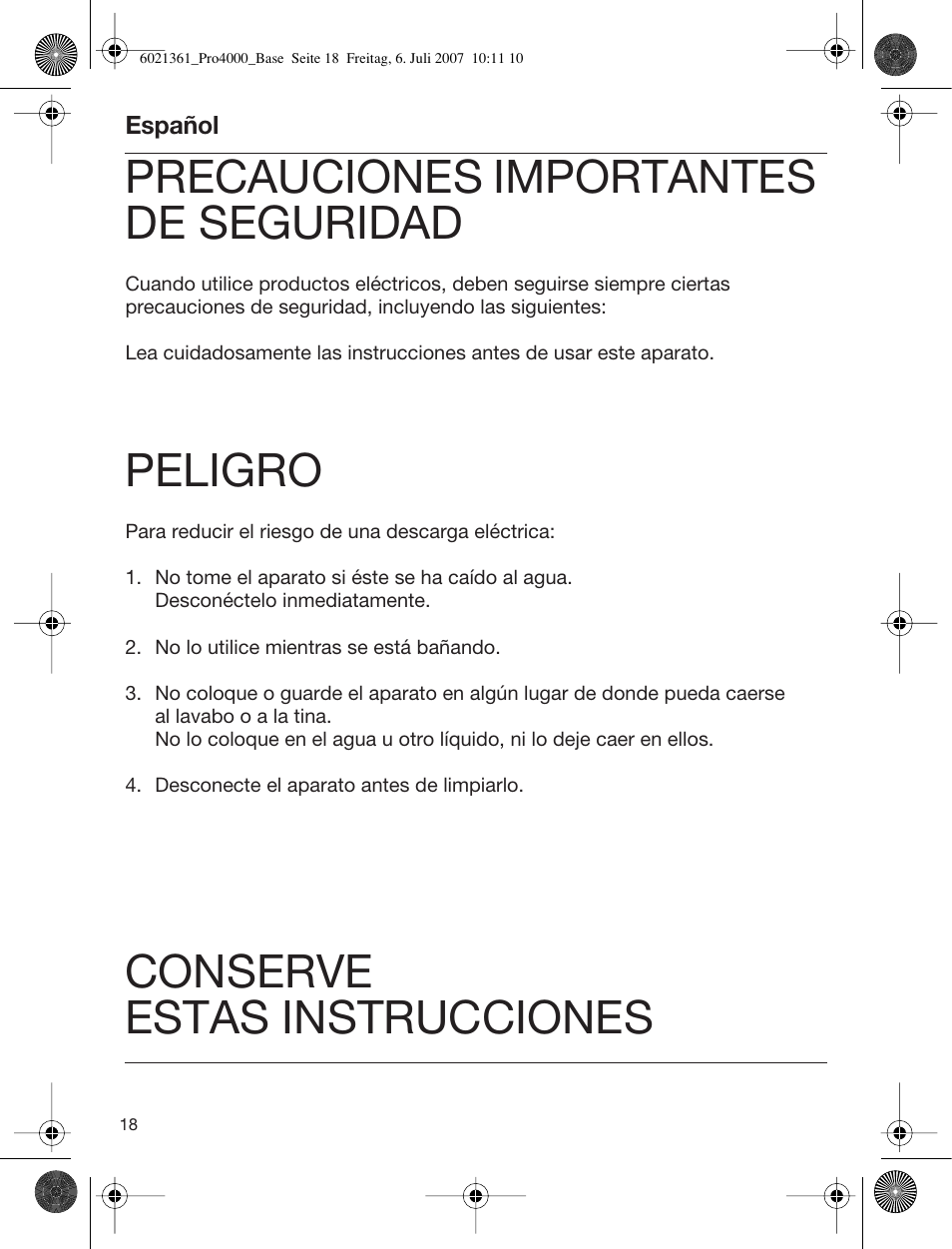 Precauciones importantes de seguridad, Peligro, Conserve estas instrucciones | Welch Allyn PRO 4000 Base Station - User Manual User Manual | Page 18 / 26