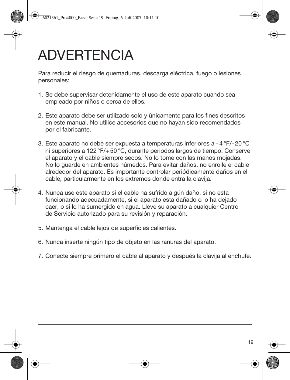 Advertencia | Welch Allyn PRO 4000 Base Station - User Manual User Manual | Page 19 / 26