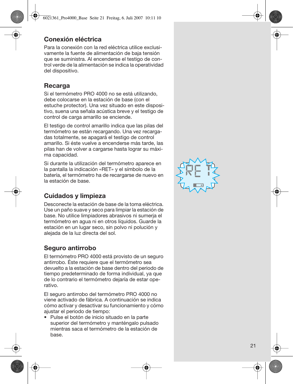 Conexión eléctrica, Recarga, Cuidados y limpieza | Seguro antirrobo | Welch Allyn PRO 4000 Base Station - User Manual User Manual | Page 21 / 26