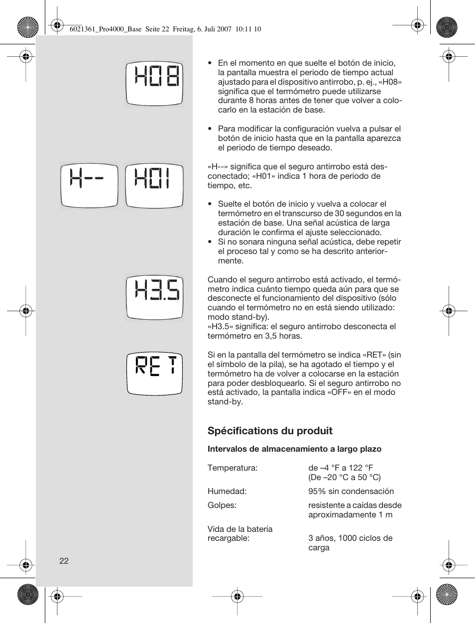 Spécifications du produit | Welch Allyn PRO 4000 Base Station - User Manual User Manual | Page 22 / 26