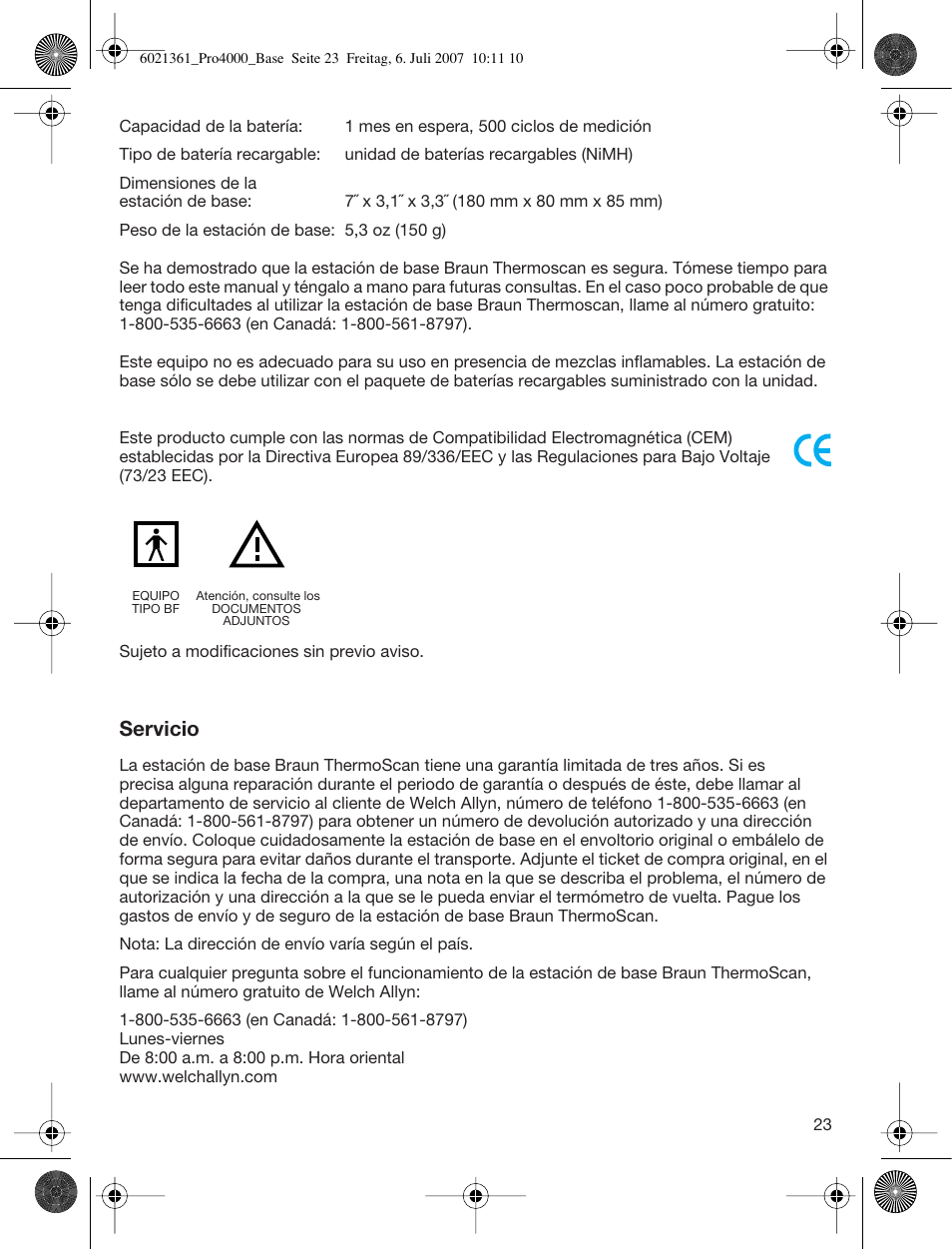 Servicio | Welch Allyn PRO 4000 Base Station - User Manual User Manual | Page 23 / 26