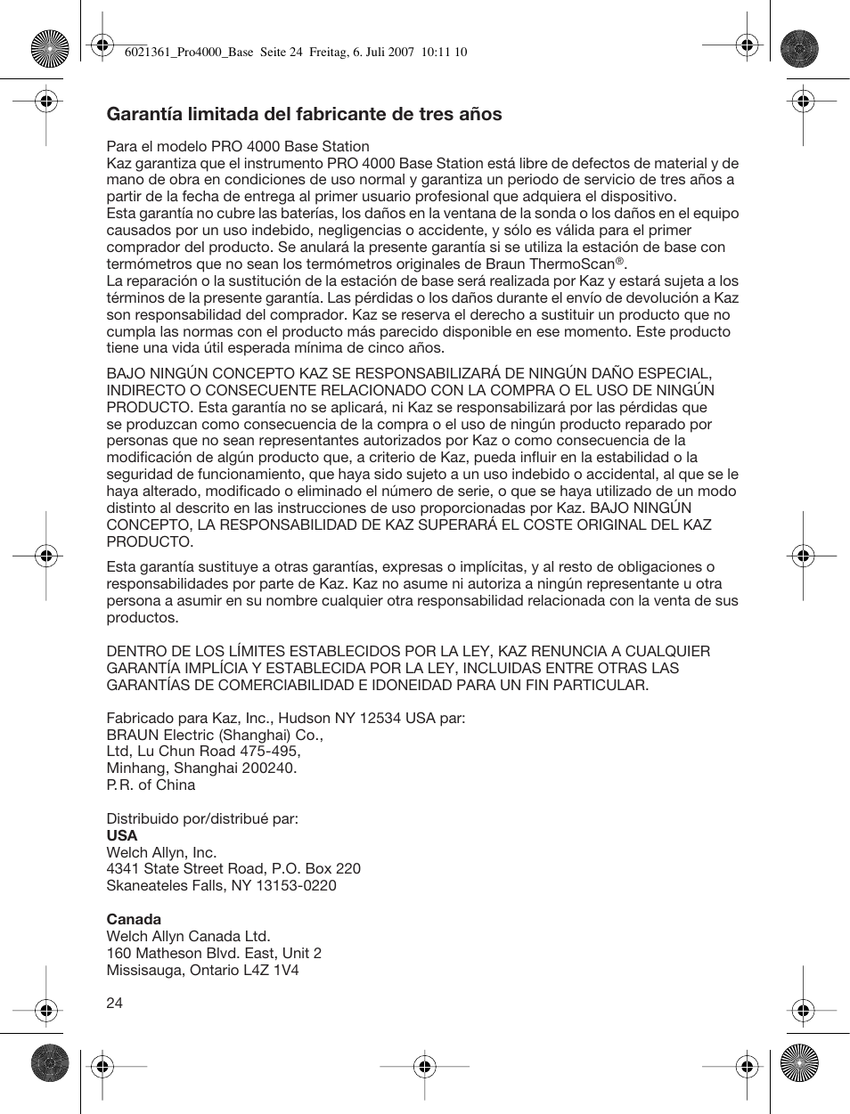 Garantía limitada del fabricante de tres años | Welch Allyn PRO 4000 Base Station - User Manual User Manual | Page 24 / 26