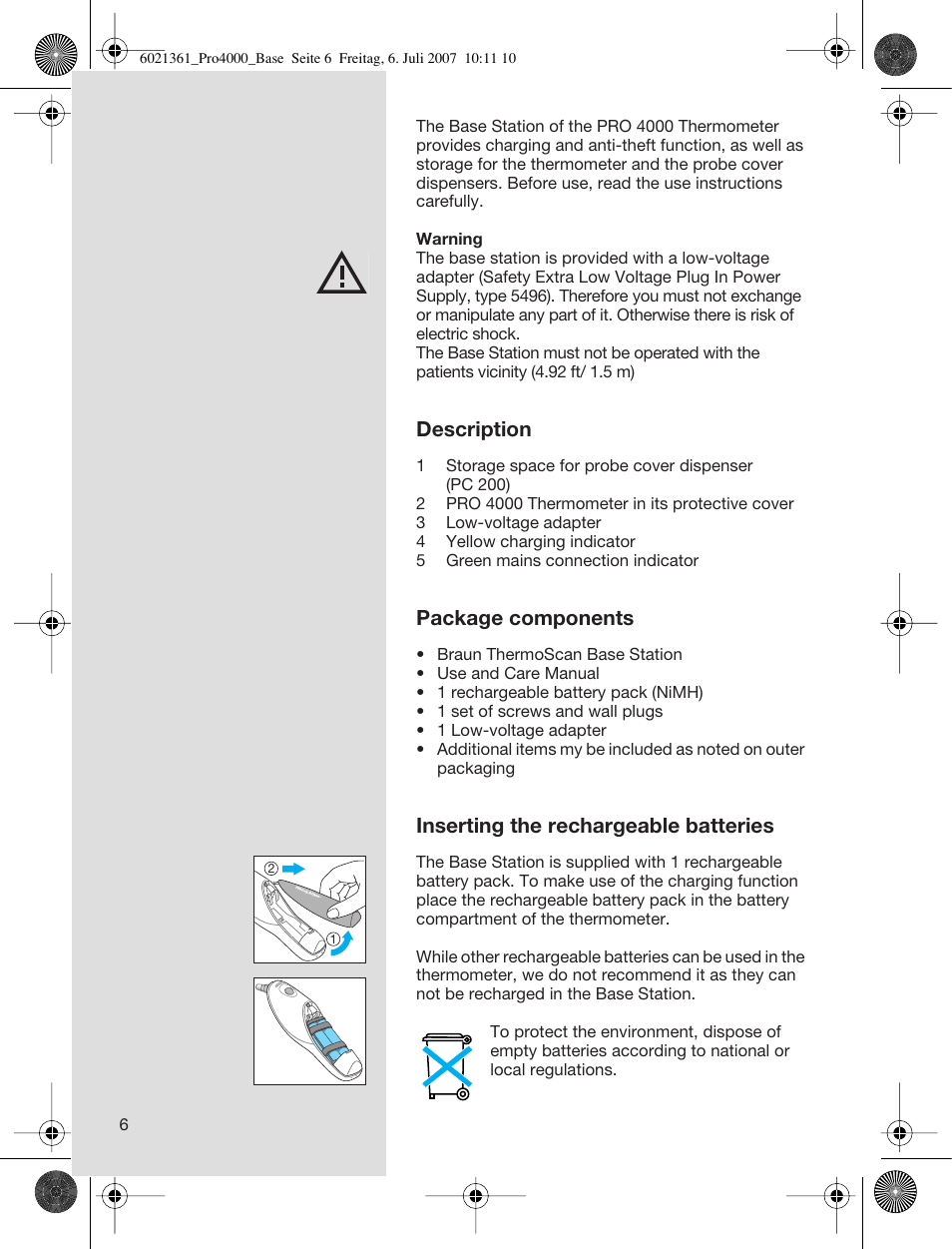 Description, Package components, Inserting the rechargeable batteries | Welch Allyn PRO 4000 Base Station - User Manual User Manual | Page 6 / 26