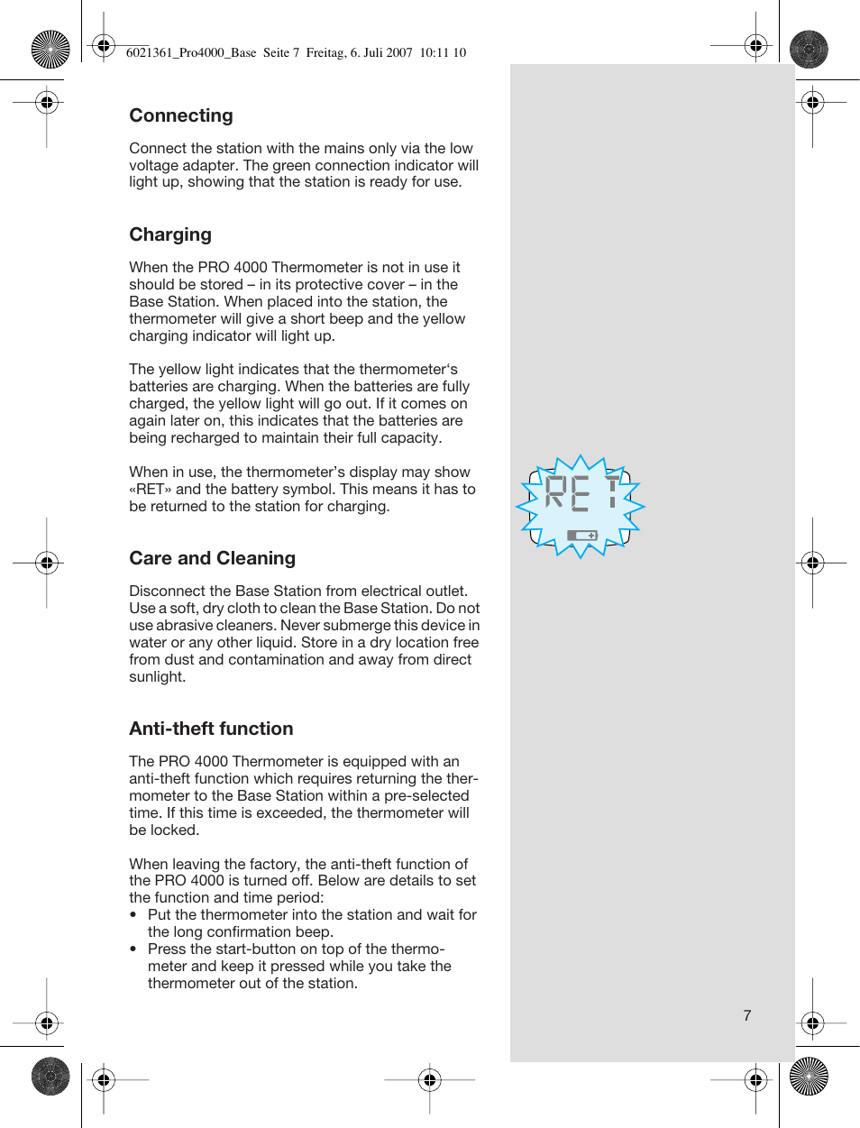 Connecting, Charging, Care and cleaning | Anti-theft function | Welch Allyn PRO 4000 Base Station - User Manual User Manual | Page 7 / 26