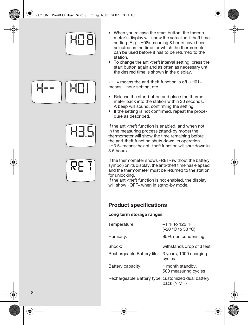 Product specifications | Welch Allyn PRO 4000 Base Station - User Manual User Manual | Page 8 / 26