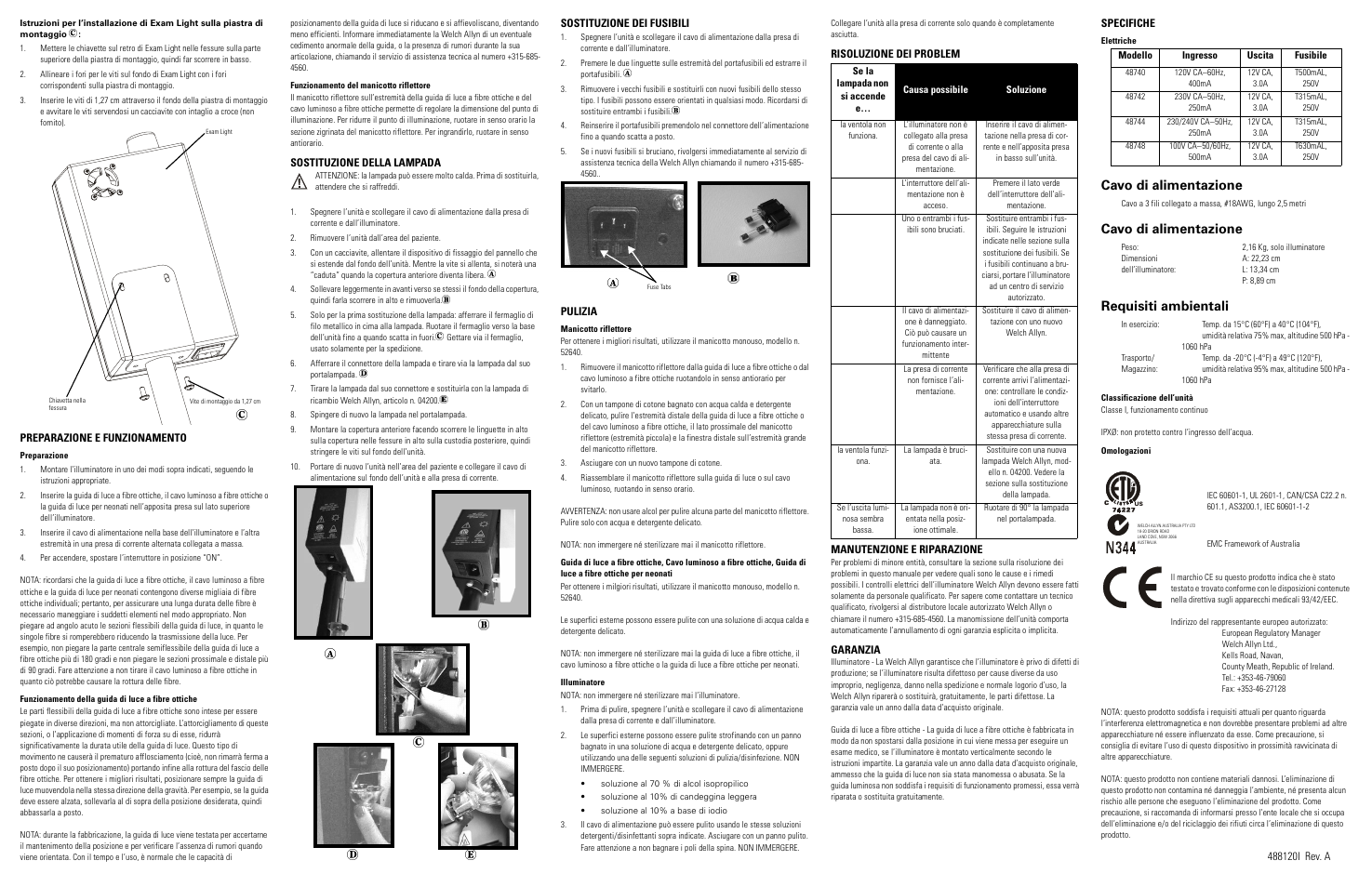 Cavo di alimentazione, Requisiti ambientali | Welch Allyn Halogen Exam Light III - User Manual User Manual | Page 16 / 18