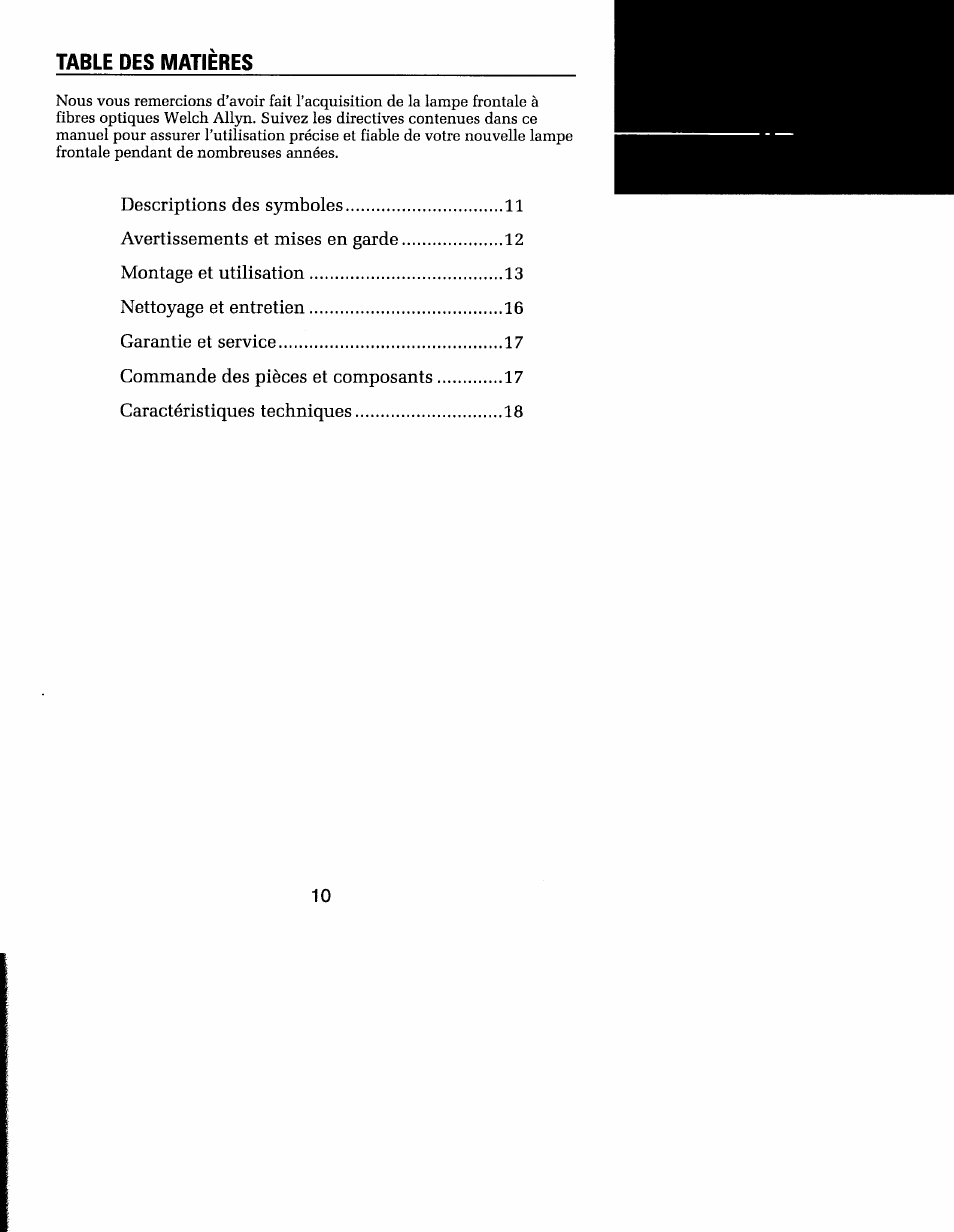 French, Table des matieres | Welch Allyn MFI Solarc Headlight - User Manual User Manual | Page 11 / 57