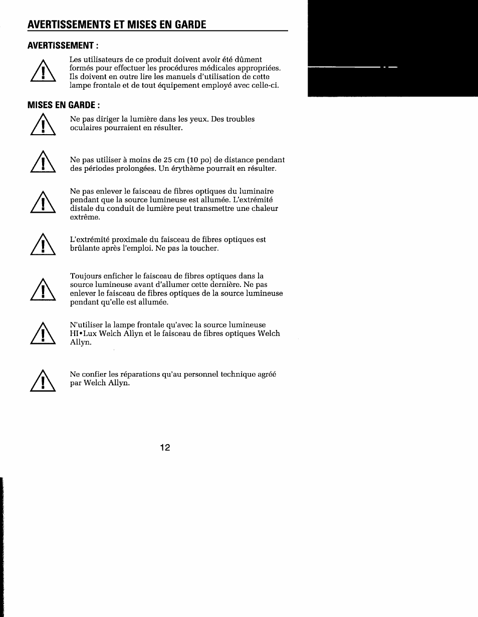 Avertissements et mises en garde | Welch Allyn MFI Solarc Headlight - User Manual User Manual | Page 13 / 57