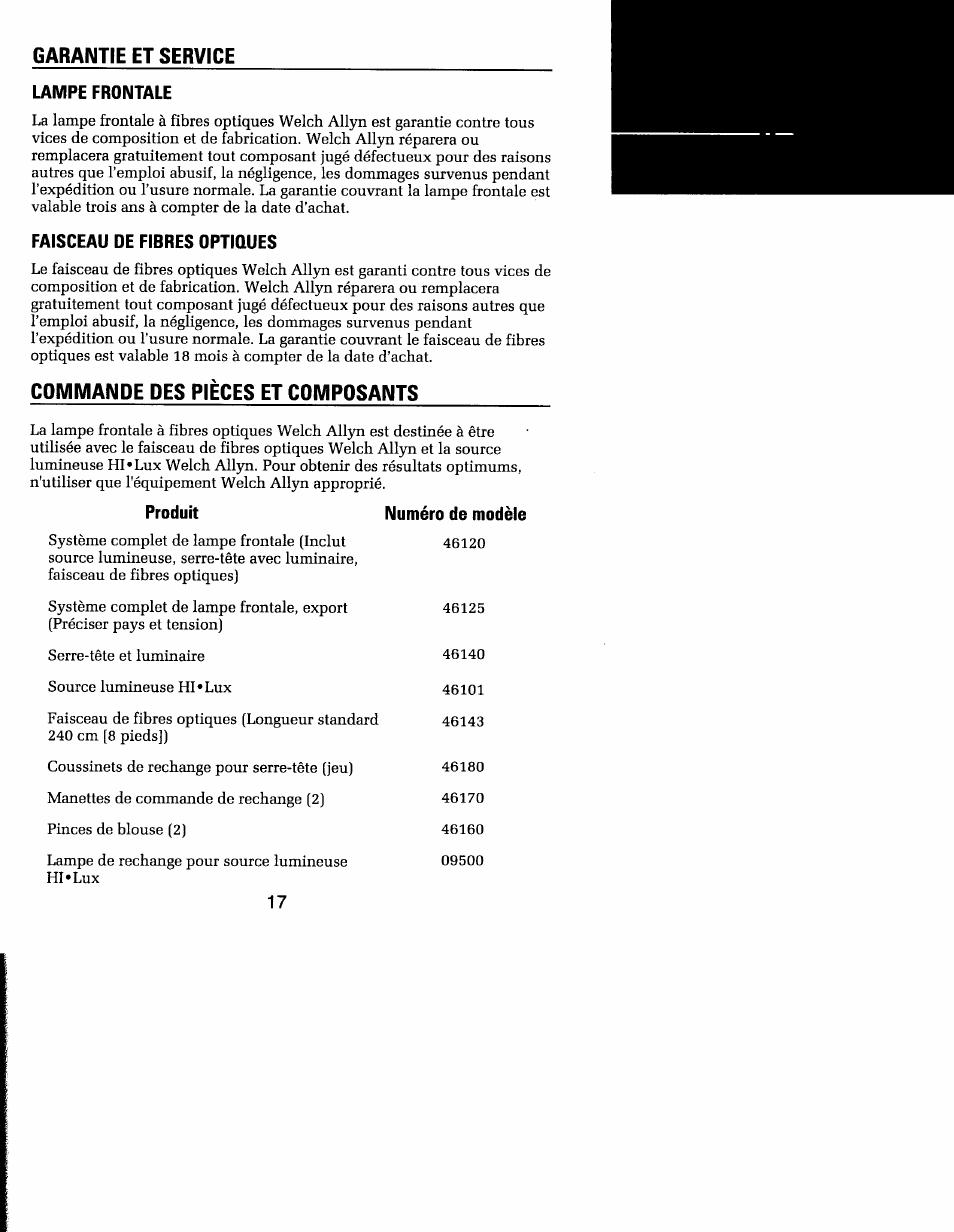 Garantie et service, Composants | Welch Allyn MFI Solarc Headlight - User Manual User Manual | Page 18 / 57