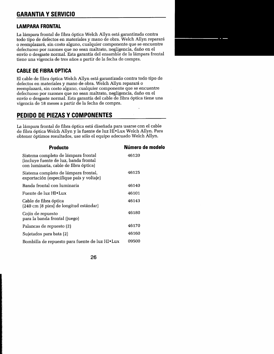 Garantia y servicio, Componentes | Welch Allyn MFI Solarc Headlight - User Manual User Manual | Page 27 / 57