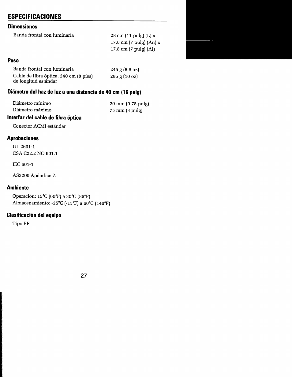 Especificaciones | Welch Allyn MFI Solarc Headlight - User Manual User Manual | Page 28 / 57