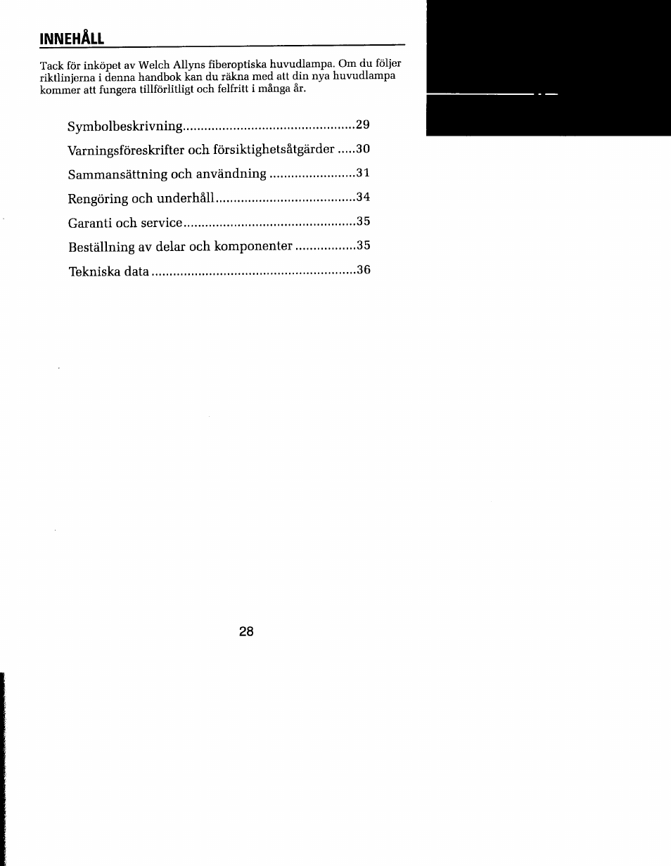 Swedish, Innehall | Welch Allyn MFI Solarc Headlight - User Manual User Manual | Page 29 / 57