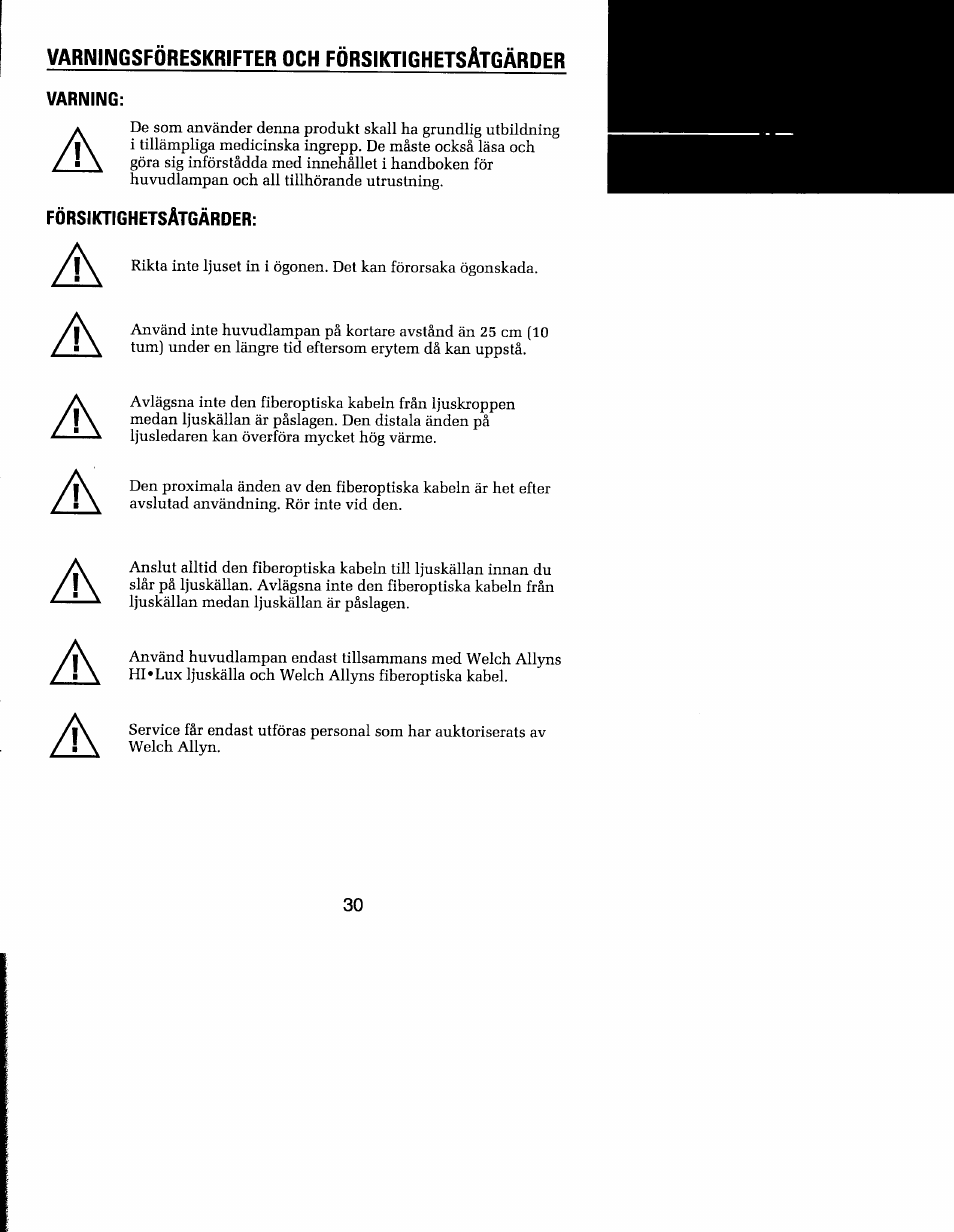 Varningsforeskrifter | Welch Allyn MFI Solarc Headlight - User Manual User Manual | Page 31 / 57