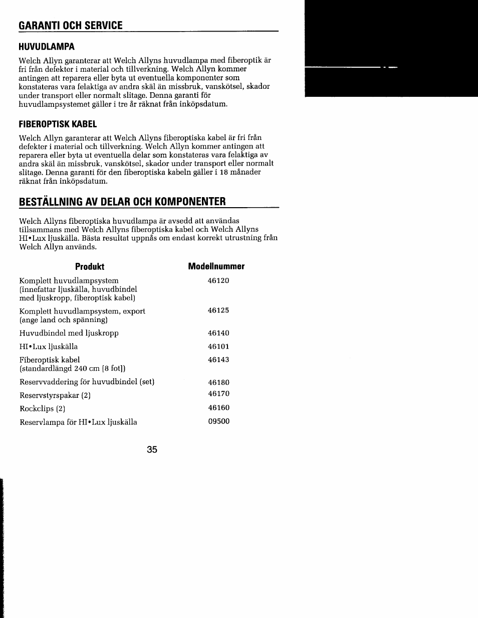 Garanti och service, Komponenter | Welch Allyn MFI Solarc Headlight - User Manual User Manual | Page 36 / 57
