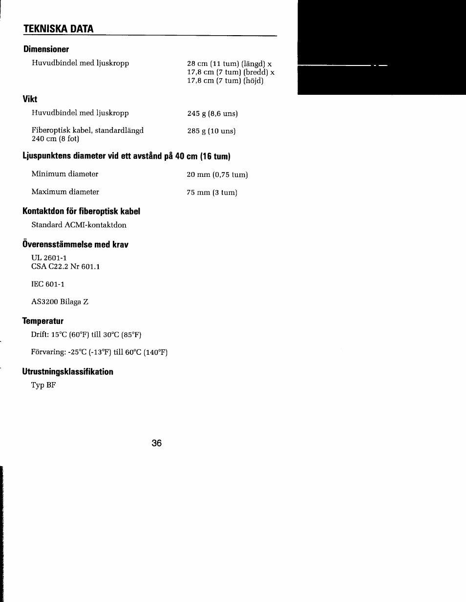 Tekniska data | Welch Allyn MFI Solarc Headlight - User Manual User Manual | Page 37 / 57