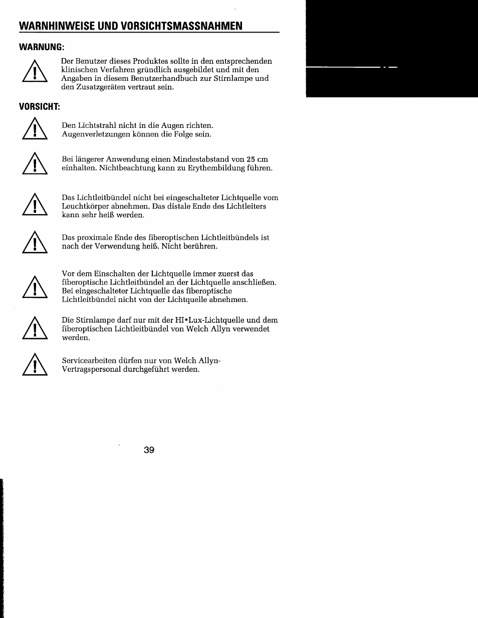 Warnhineise und vorsichtsmassnamen | Welch Allyn MFI Solarc Headlight - User Manual User Manual | Page 40 / 57