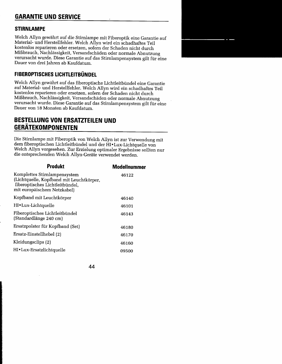 Garantie und service, Geratekomponenten | Welch Allyn MFI Solarc Headlight - User Manual User Manual | Page 45 / 57