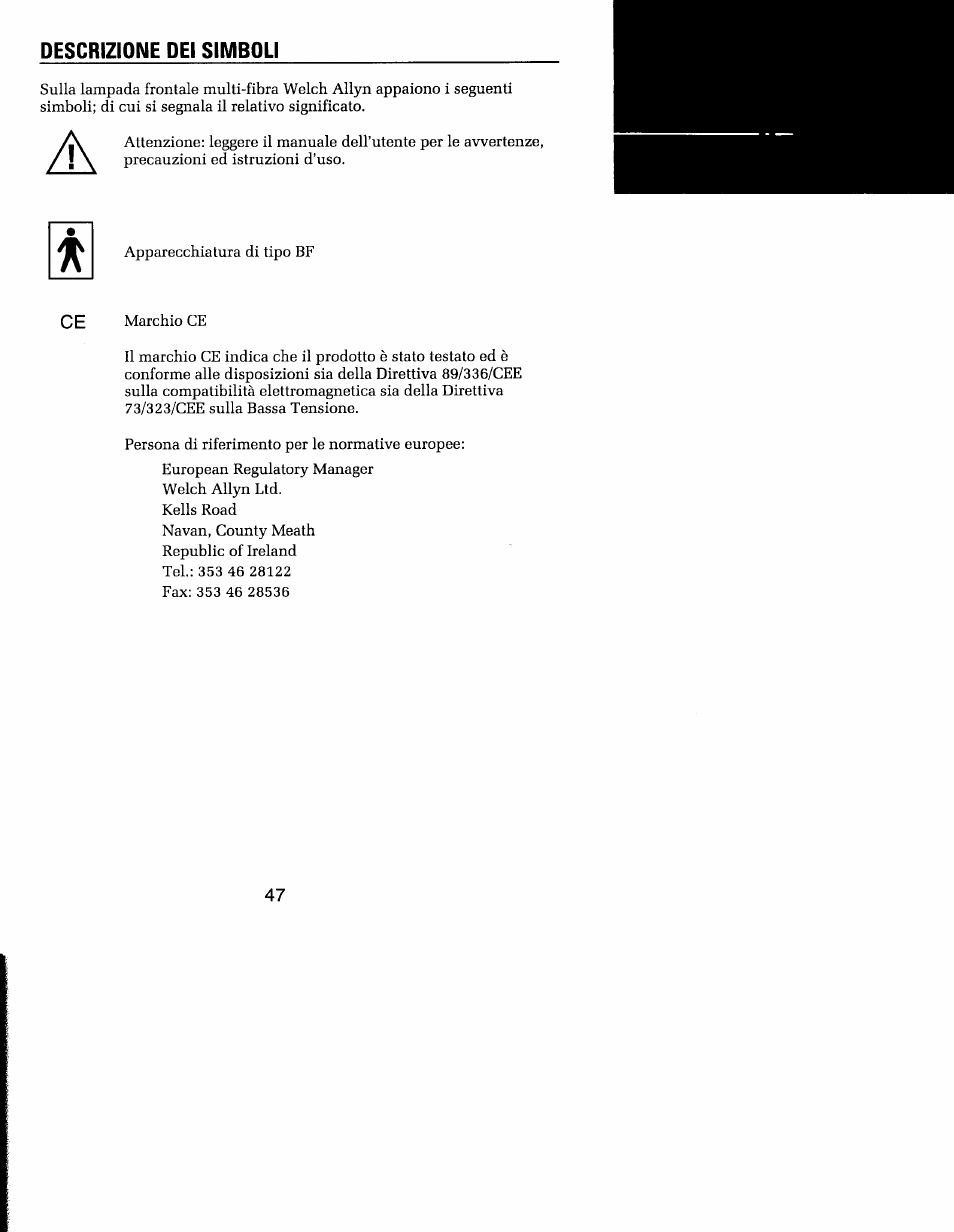 Descrizione dei simboli | Welch Allyn MFI Solarc Headlight - User Manual User Manual | Page 48 / 57