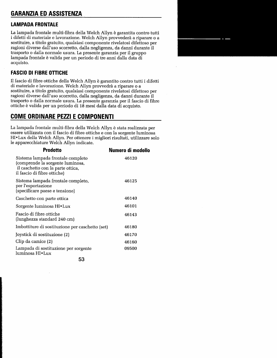 Garanzia ed assistenza, Componenti | Welch Allyn MFI Solarc Headlight - User Manual User Manual | Page 54 / 57