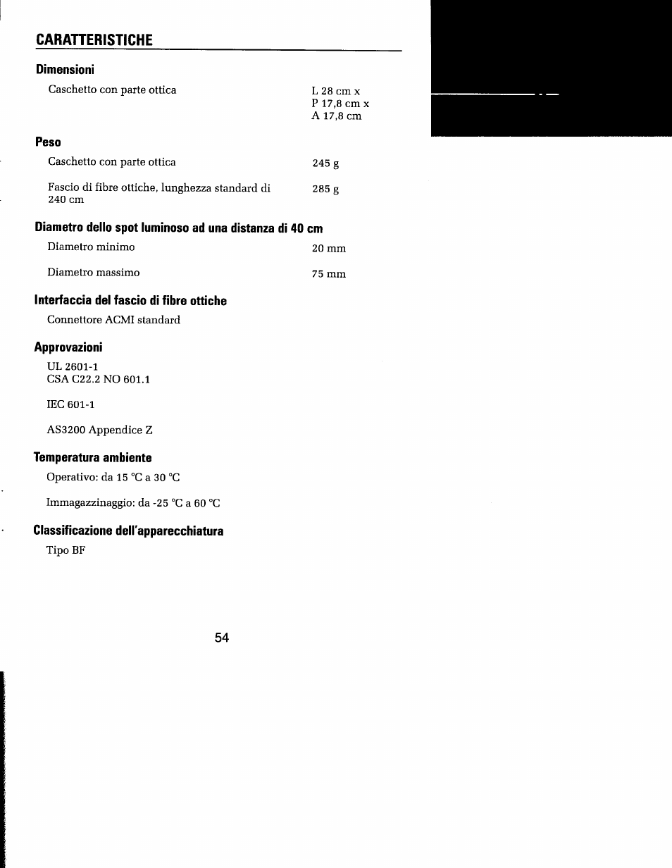 Caratteristiche | Welch Allyn MFI Solarc Headlight - User Manual User Manual | Page 55 / 57