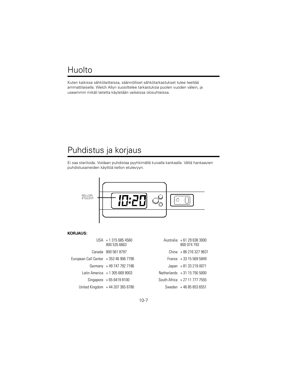 Huolto, Puhdistus ja korjaus | Welch Allyn 767 Diagnostic System - User Manual User Manual | Page 101 / 136