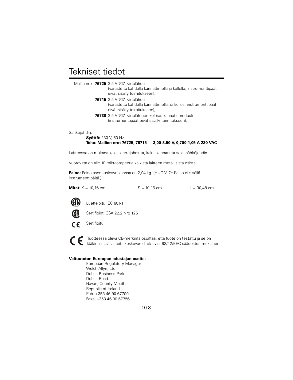 Tekniset tiedot | Welch Allyn 767 Diagnostic System - User Manual User Manual | Page 102 / 136