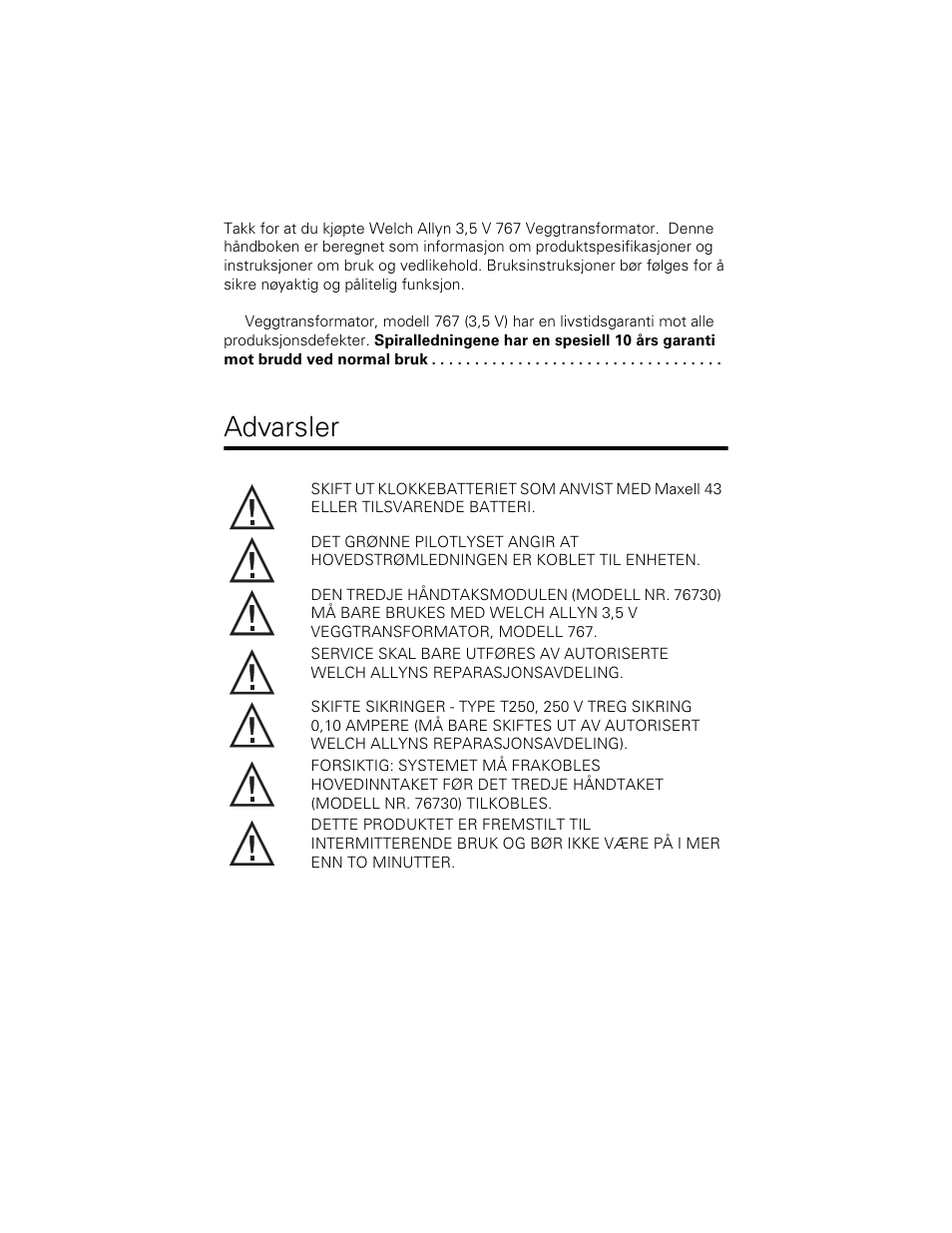 Advarsler | Welch Allyn 767 Diagnostic System - User Manual User Manual | Page 104 / 136