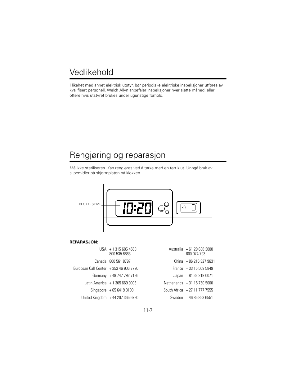 Vedlikehold, Rengjøring og reparasjon | Welch Allyn 767 Diagnostic System - User Manual User Manual | Page 111 / 136