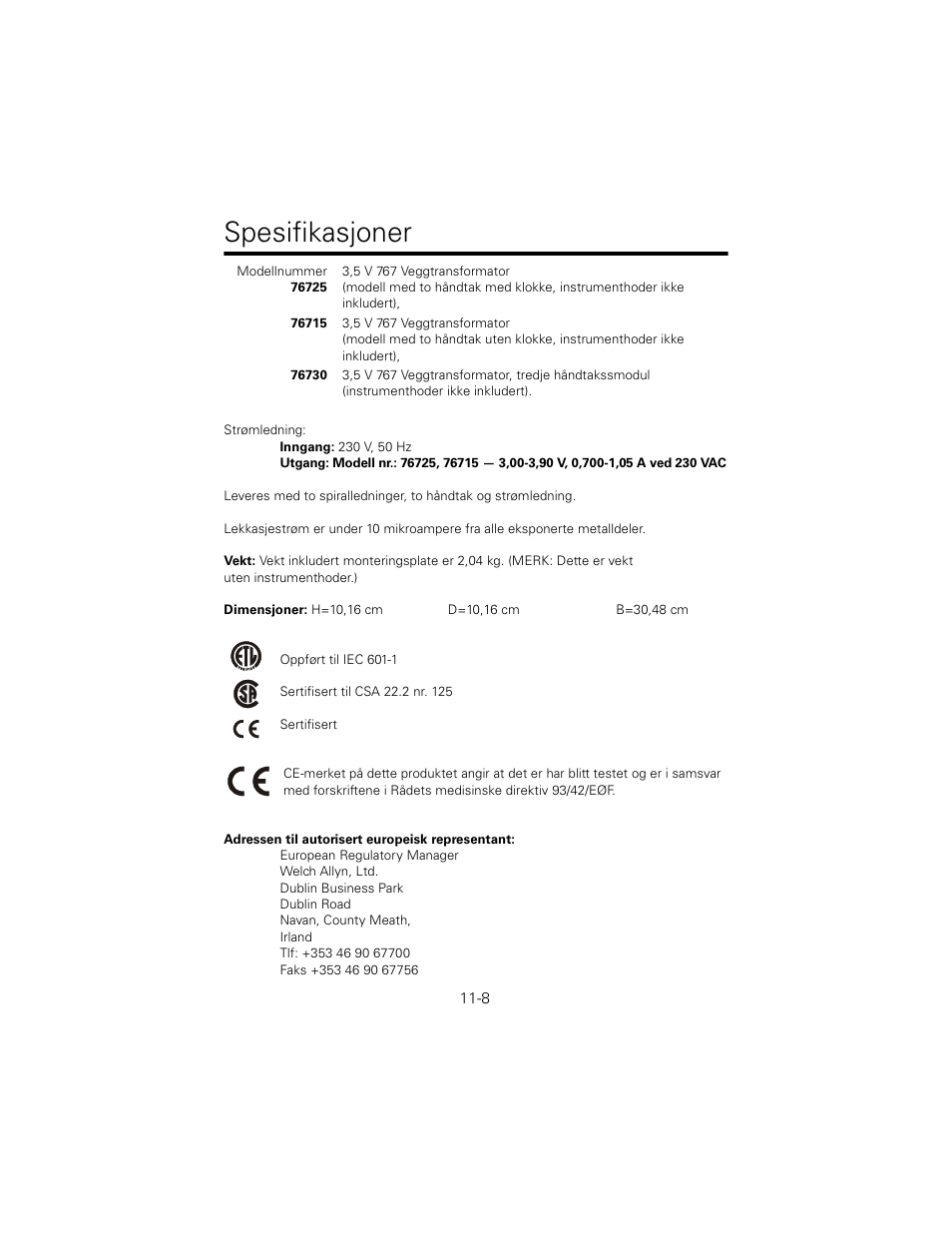 Spesifikasjoner | Welch Allyn 767 Diagnostic System - User Manual User Manual | Page 112 / 136